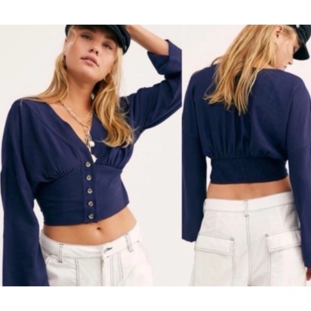 Free People Womens L Blue Smocked Crop Top V Neck Button Front Long Sleeve Boho